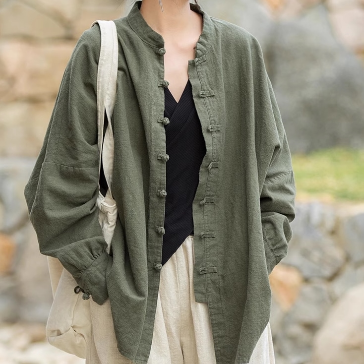 レディース トップス シャツ ブラウス 太極拳 ダンス 武術服 中国風 羽織 前開き 長袖 萌袖 チャイナ スタンドカラー ワイド 異国風 ボタン かわいい 大人可愛い シンプル カジュアル おしゃれ