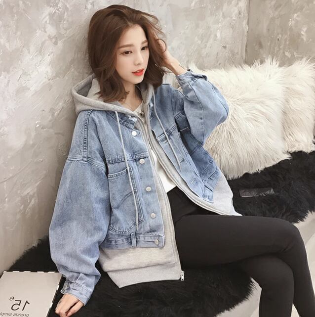 ジャケット パーカー アウター 上着 デニム 羽織 デニムジャケット Gジャン ドッキングジャケット 長袖 ドロップショルダー フード ドッキング ストリート 韓国風 ファスナー ポケット 前開き ボ