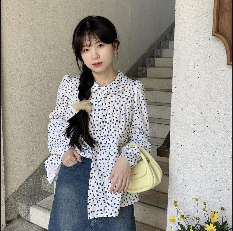 日系ゆったりドットドールネックのデザイン感が甘く可愛い長袖シャツフレンチガーリー