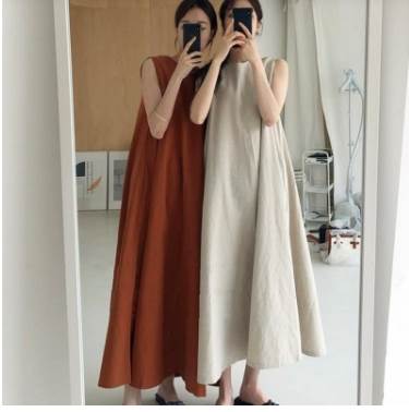【3日出荷】Aライン ミモレ丈 ノースリーブ ラウンドネック フレア テントライン サイドポケット スリム 大人可愛い きれいめ シ