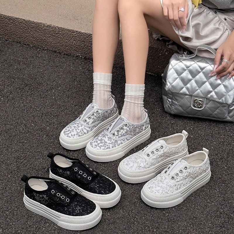 韓国風メッシュスパンコールスリッポンフィッシャーマンシューズレディース2025年夏新作オールマッチ厚底身長アップスポーツカジュアルシューズ