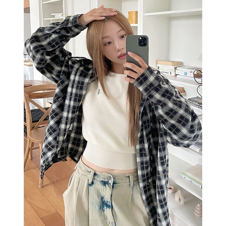 ポイント ラベル チェック フード シャツ/POINT LABEL CHECK HOOD SHIRT／韓国ファッション