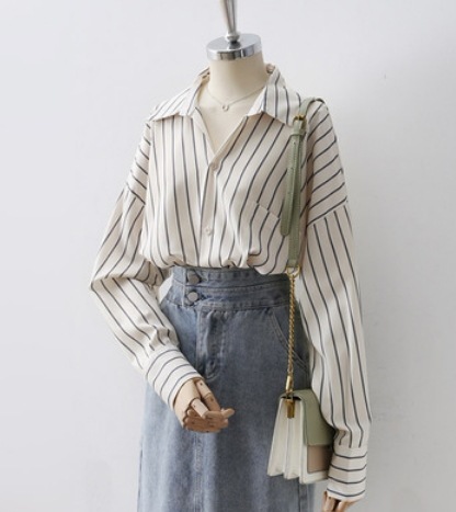 ストライプ柄長袖ブラウス トップス ブラウス 長袖 爽やか 大人スタイル かわいい 大人可愛い きれいめ シンプル カジュアル 大人 上品 おしゃれ かっこいい レトロ アジアン 大人可愛い