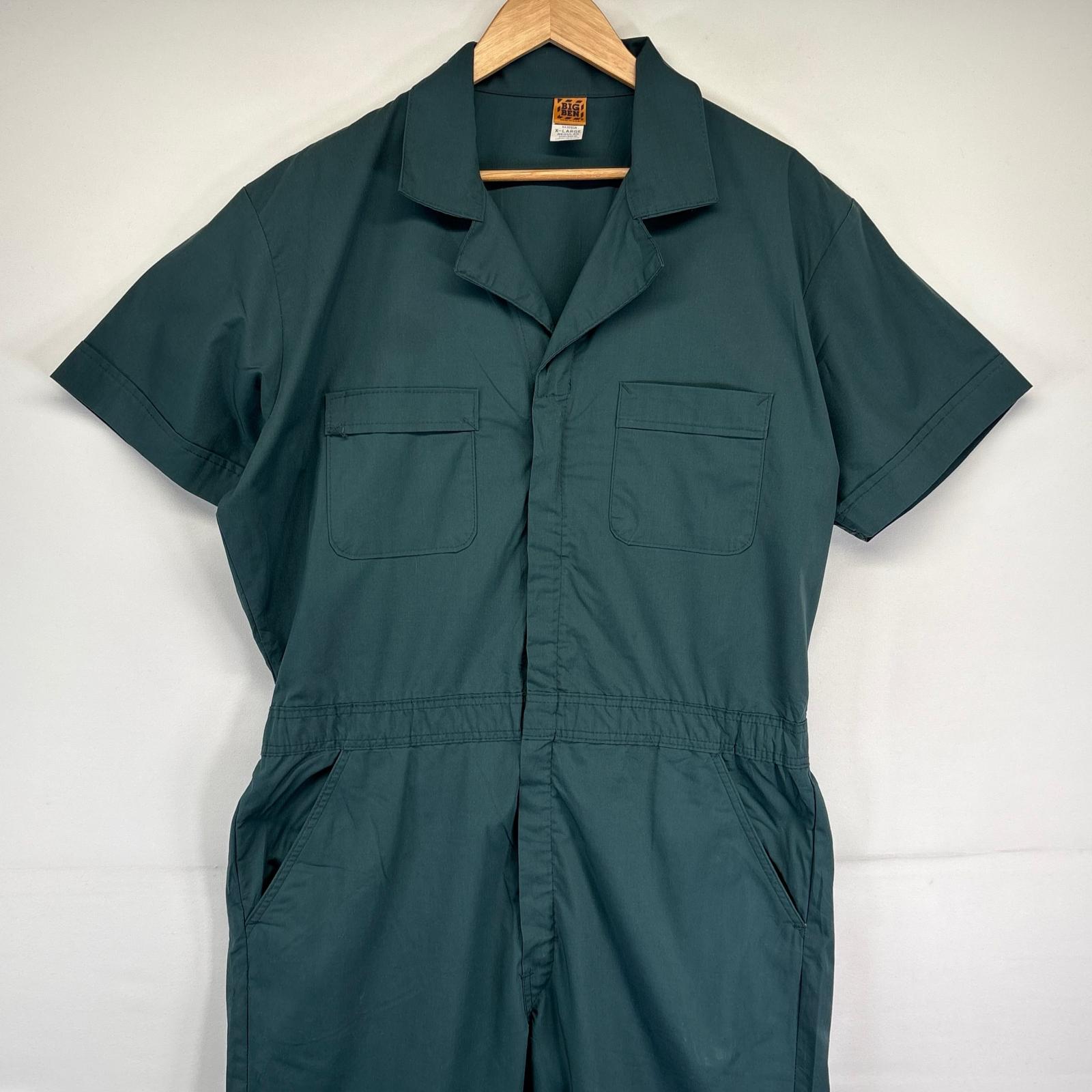 古着 ビッグベン BIGBEN USA製 半袖つなぎ ワーク 作業着 ワンポイントロゴ 無地 大きいサイズ XL グリーン系 メンズ