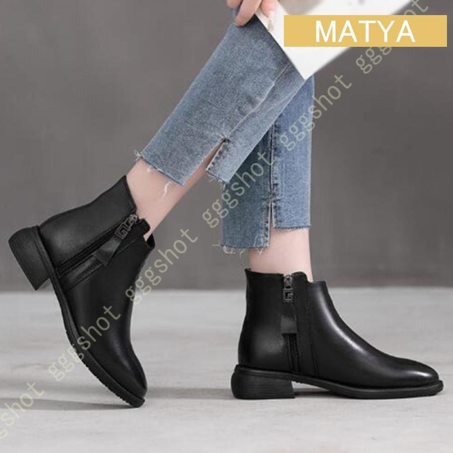 コスパ最高ショートブーツ サイドジップ 本革 レディース ダブルファスナー レインブーツ チェルシーブーツ アンクルブーツ フラット 梅雨 雨靴 防水 ブラック 暖かい新品