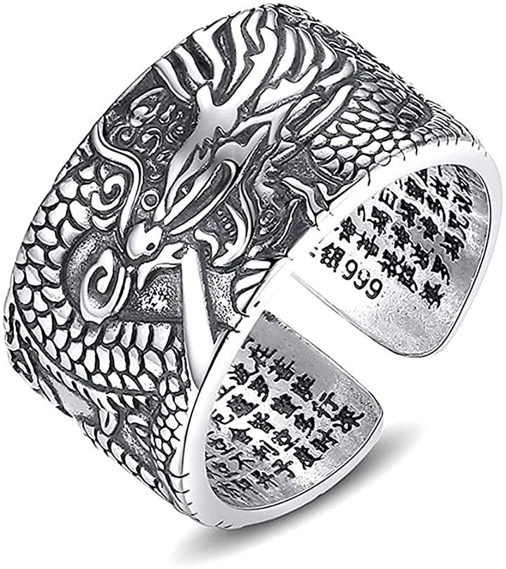 999純銀製 鑑定書付き 仏説摩訶般若波羅蜜多心経 シルバー アクセサリー メンズ 18-23調節可能 指輪 龍 ドラゴン リング お守り御本尊( サイズ 18-23 調節可能)