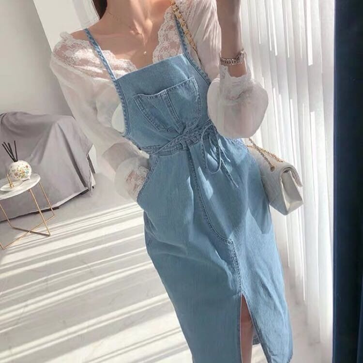 2色 ワンピース ノースリーブ 春 夏 秋 かわいい ロング サロペット タイトスカート ロング丈 タイト Iライン ウエストリボン スリット 青 ブルー ライトブルー ワンサイズ ジャスト かわいい