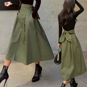 トレンチスカートバックリボンがキュートなチノスカート韓国ファッション　 春夏 リボンベルト ひざ丈 ロング丈