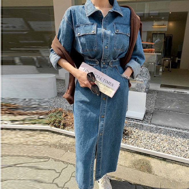 ワンピース レディース デニムワンピース S M L XL 韓国 シャツワンピース 長袖 膝丈 襟付き カラー デニム かわいい 大人可愛い きれいめ シンプル カジュアル おしゃれ お洒落 ラフ