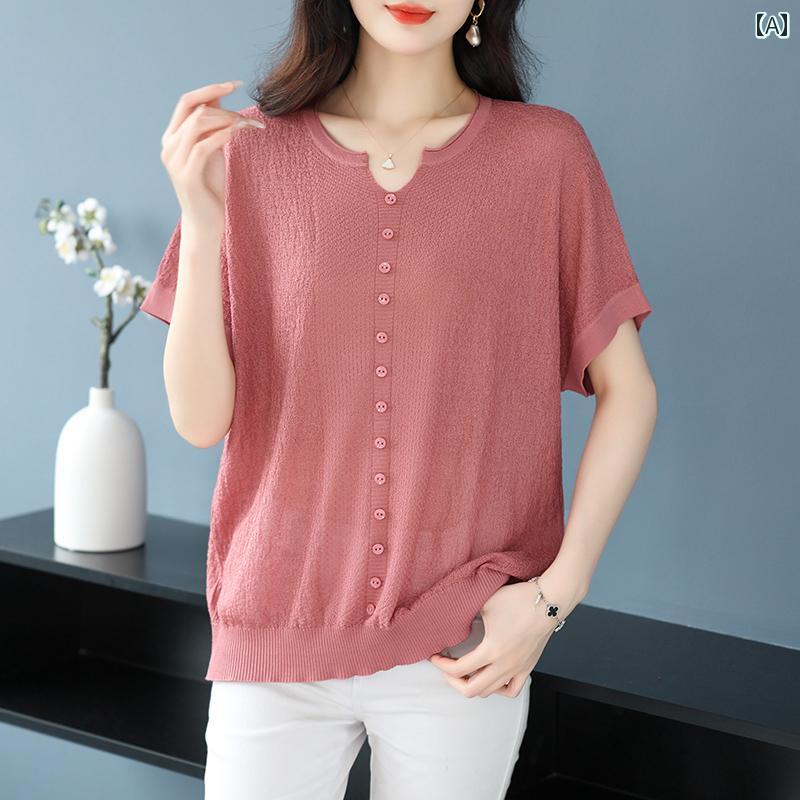 トップス レディース おしゃれ 上品 通勤 オフィス カジュアル ひんやり 快適 半袖 カジュアル Tシャツ 夏 大きめサイズ 体型カバー セーター 薄手 涼しい 涼しい