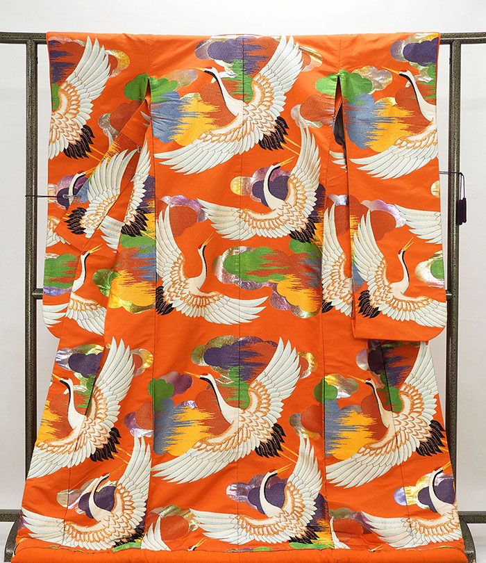 色打掛 正絹 雲取舞鶴模様 打掛 良品 花嫁衣裳 婚礼 リサイクル 中古 ブライダル ウエディング 着物 e3145