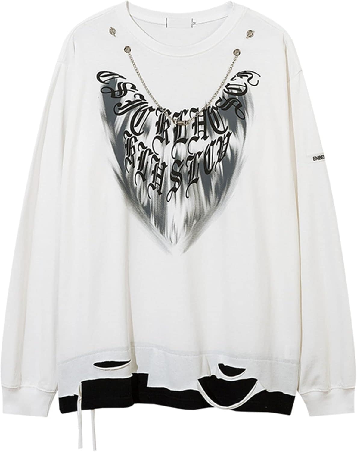 トレーナー メンズ 落書き 小さめ チェーン クルーネック 長袖 パーカー レイヤード Tシャツ 破れ クルーネック ボア付き フルオーバー 秋服 冬服 暖かい 個性的 ストリート系 原宿風 青年 若