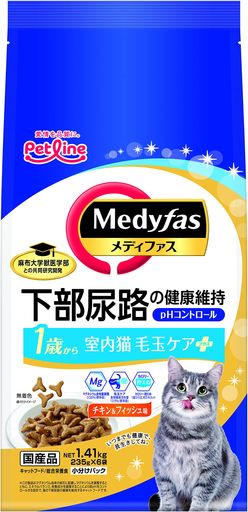 メディファス 室内猫 毛玉ケアプラス 1歳から チキン&フィッシュ味 チキン&フィッシュ味 MFD-37 1.41KG(235G×6)X6(ケース販売)