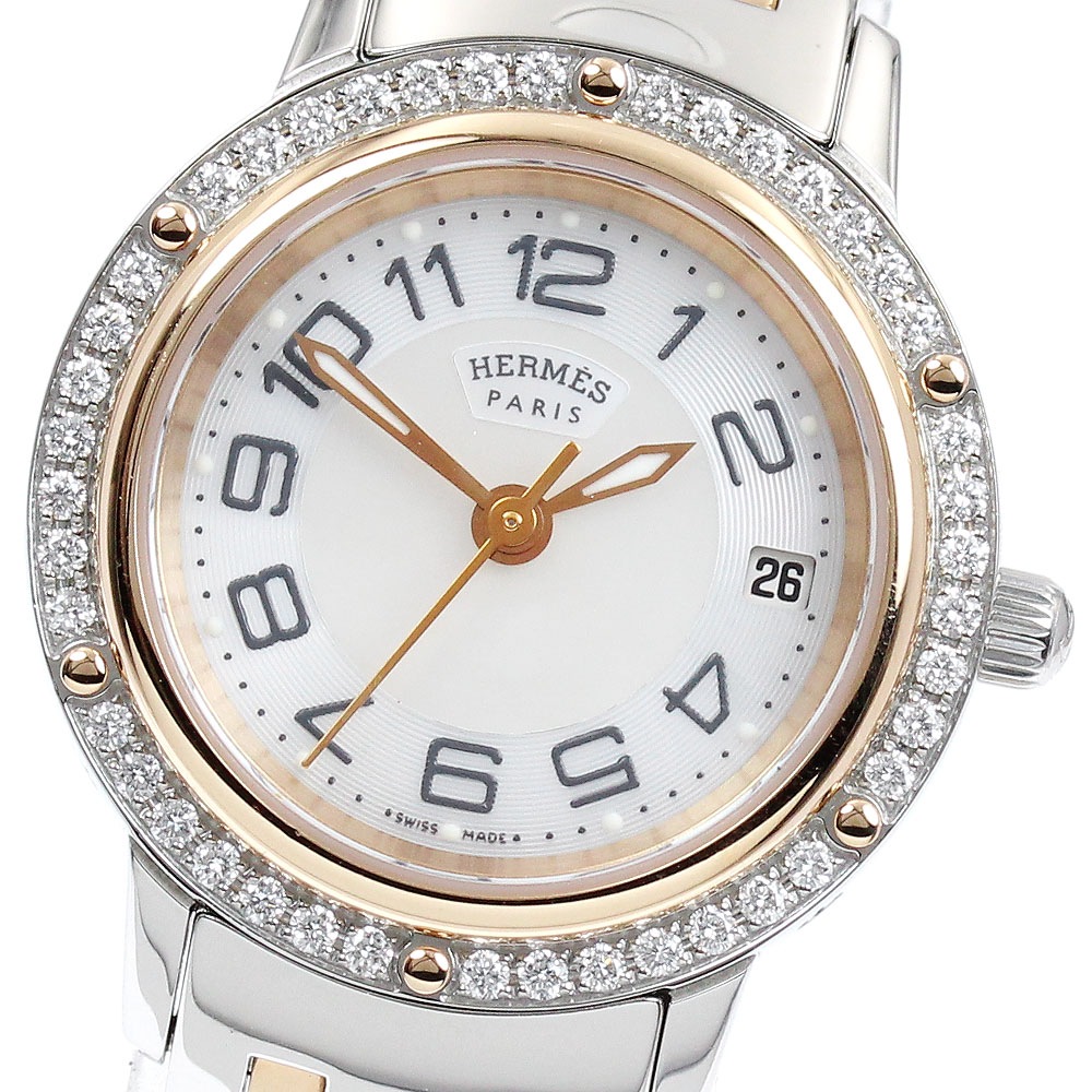 エルメス HERMES CP1.222 クリッパー ダイヤベゼル デイト クォーツ レディース _897173【中古】
