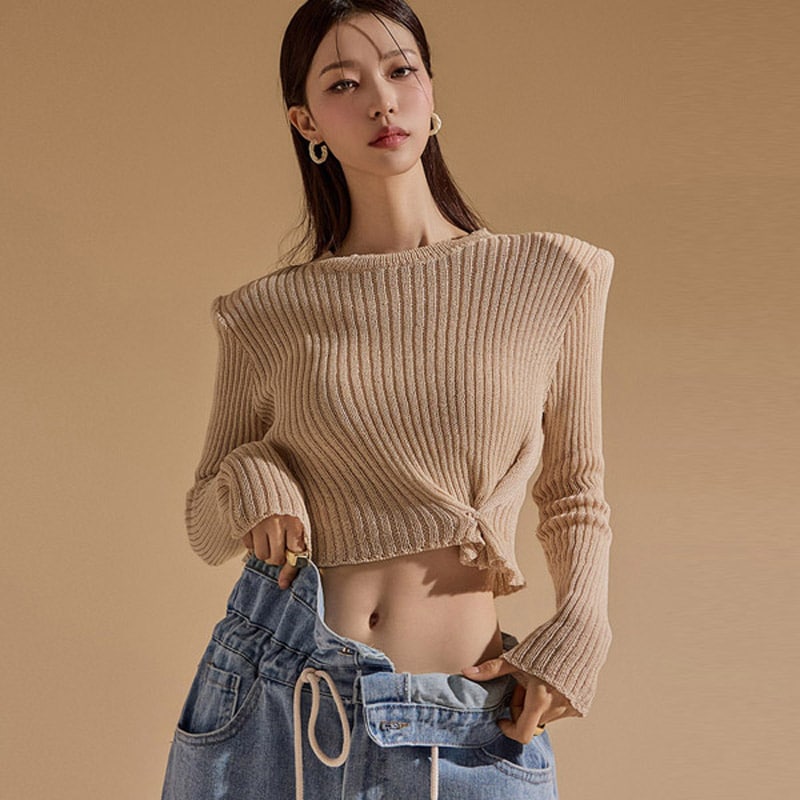 E3118 ツーウエー ボタン パッド クロップ ニット