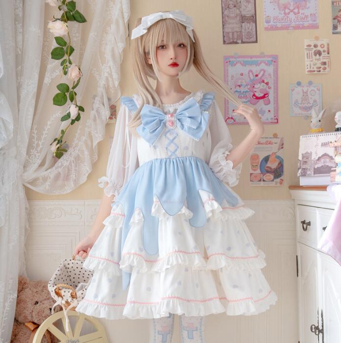 ロリータワンピース Lolita レディース　胸に大リボン　重ねフリル　キャミソールワンピース　ゴスロリ スカラップワンピース 萌え 姫 ノースリーブドレス キュートなロリータ服 可愛いワンピース コ
