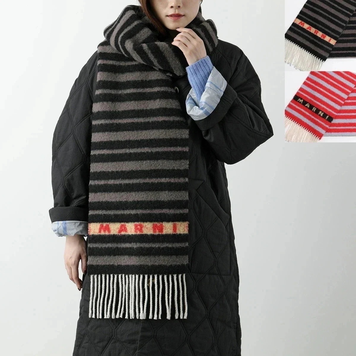 MARNI マルニ マフラー SCMC0120Y0 UAW034 レディース ロゴ ボーダー フリンジ 大判 ストール ウール アルパカ カラー2色