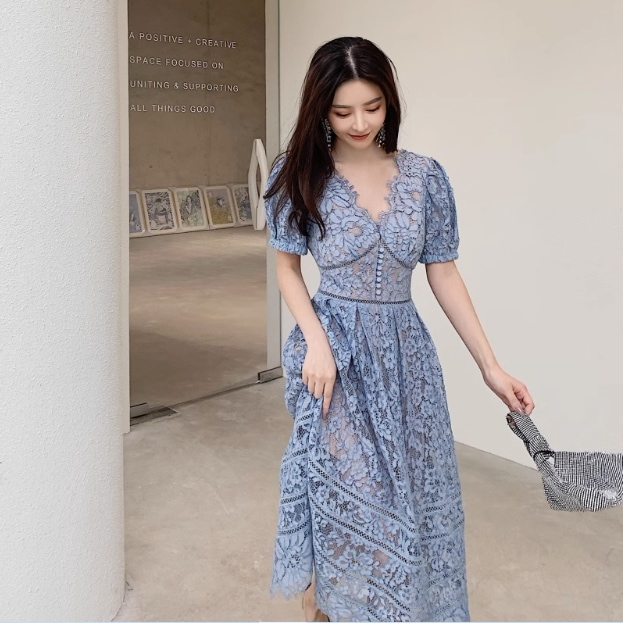 ドレス カラードレス ロングドレス Aラインドレス ワンピドレス カジュアルドレス ロング ロング丈 袖あり 半袖 Vネック Aライン レース ハイウエスト かわいい 大人可愛い カジュアル