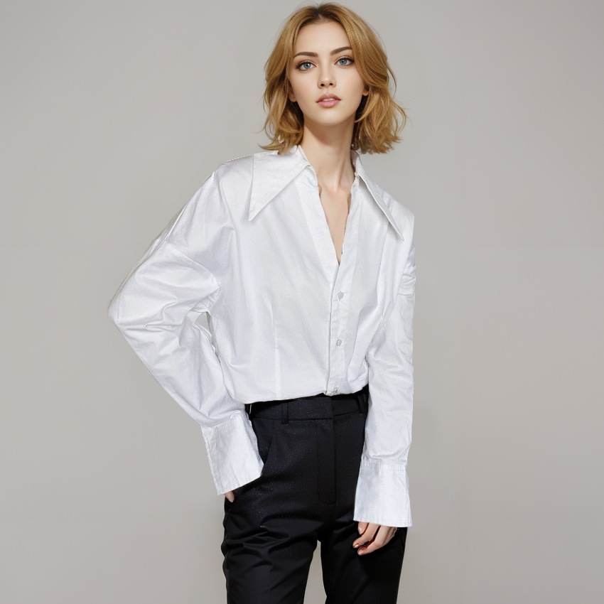 トップス シャツ 白シャツ 長袖 襟付き Vネック 前開き ボタン ミディアム丈 かわいい 大人可愛い きれいめ シンプル 上品 おしゃれ かっこいい カジュアル レトロ こなれ感 個性的 主役級