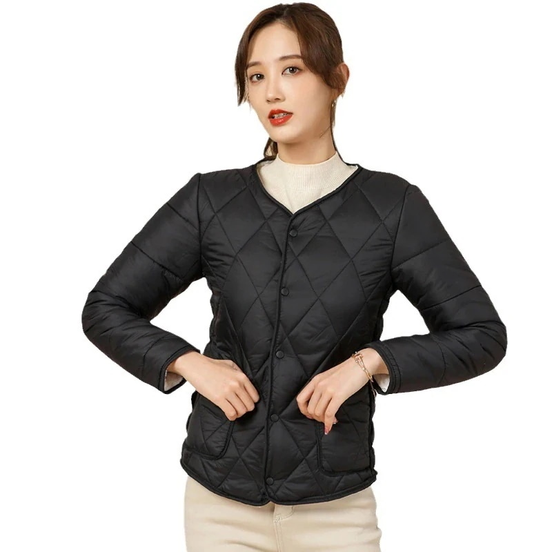 大人気上品超軽量中綿ジャケットアウター韓国ファッション防寒ノーカラーコート裏ボア無地インナーコート秋冬冬物