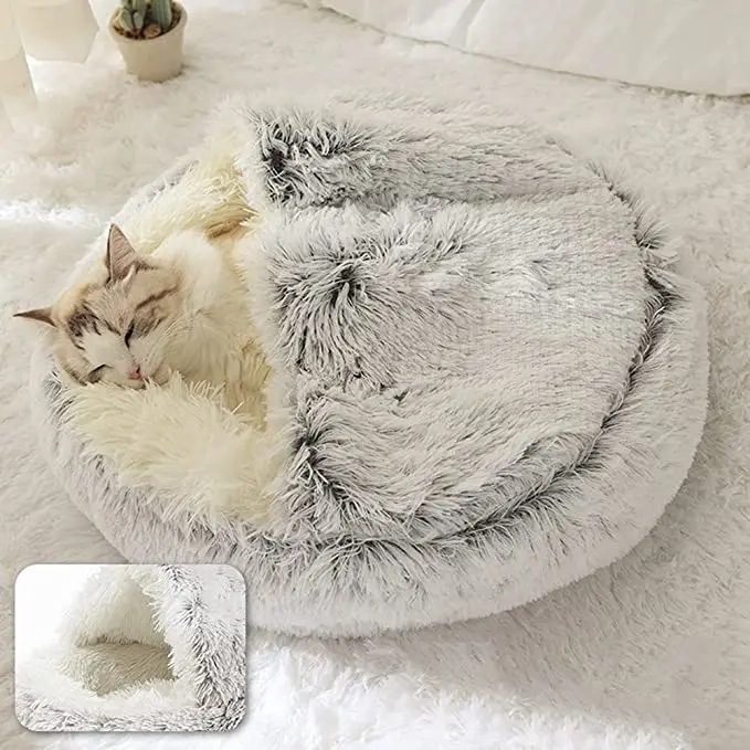 冬ロングぬいぐるみペットの猫ベッドラウンド猫クッションハウス暖かい猫バスケット猫の睡眠バッグ猫の巣の犬小屋小型犬猫用1で2