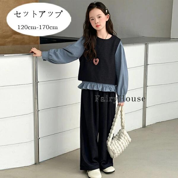 2026年のヒット韓国子供服 キッズ セットアップ 女の子 上下セット 春着 秋着 女の子 長袖シャツ ベスト ワイドパンツ 2点セット 3点セット 通学着 おでかけ 普段着 新品 オシャレ レジャー 4,187円