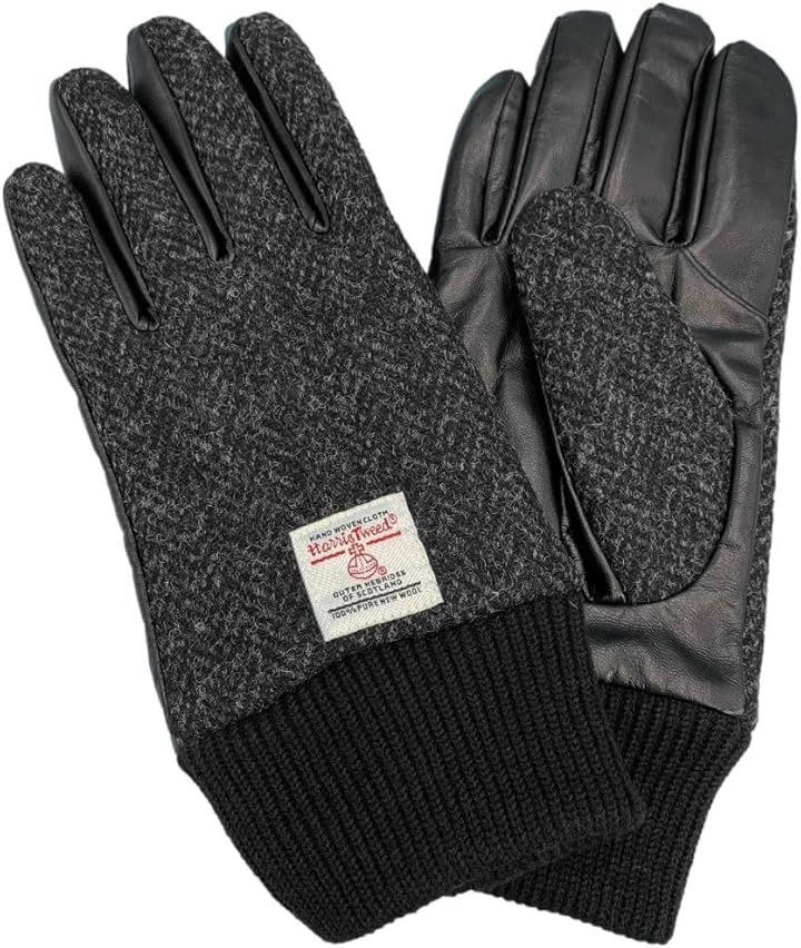 ハリスツイード HARRIS Tweed x羊革手袋 メンズ ニットカフス スマホ対応 裏ボア HBGL011 BKH(ブラックへリンボン, 24cm)
