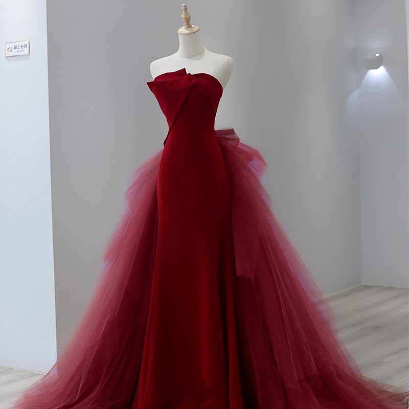ブ乾杯スーツバーガンディ2024結婚式婚約テールドレスレトロ気質宴会ドレスロングスカート