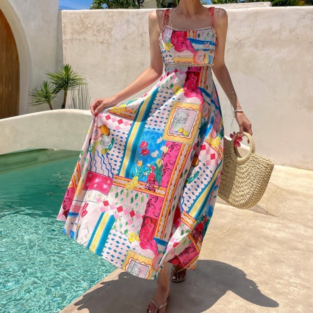 (ビバラップ) サニービーチドレス OP19933F リボンタイビビッドピンクフレアロングドレスリゾートバケーションルック