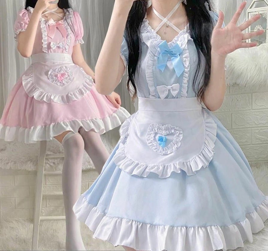迅速な出荷 メイド服 ロリータ ワンピース 半袖 ショート丈 ミニ丈 Lolita 女装 メイド コスチューム ハロウィン 衣装 エプロン ウェイトレス 女性 大人 ジュニア 裾フリル リボン ハート