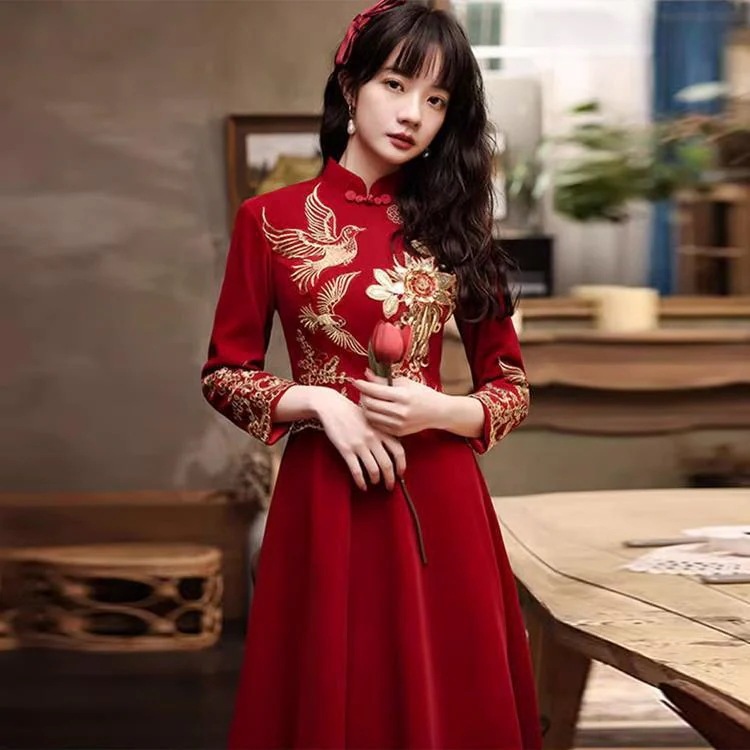 【2枚購入で 3oo円OFF】大サイズの脂肪妊婦妊婦ブルゴーニュ改造されたチョンサム服ブライドカバーベリーウェディングドレス