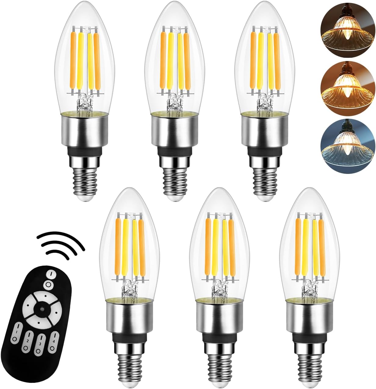 LED電球 シャンデリア電球 6個セット E12口金 調光 調色 リモコン付き フィラメント電球 燭台電球 50W形相当 4.5W レトロ 遠隔操作 昼光色 昼白色 電球色 常夜灯 省エネ 節電