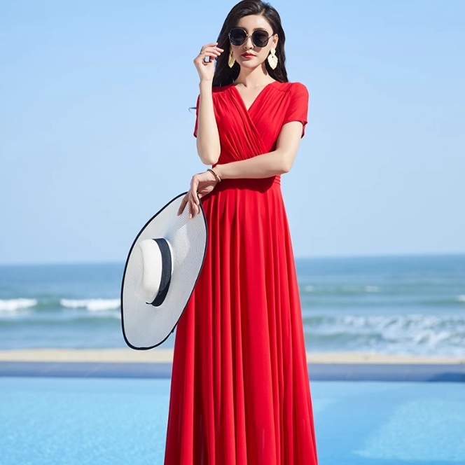 ワンピース ワンピドレス ロング丈 半袖 袖あり カシュクール 襟なし Aライン シフォン ファスナー ハイウエスト 透け感 かわいい 大人可愛い シンプル おしゃれ アジアン ラフ 存在感