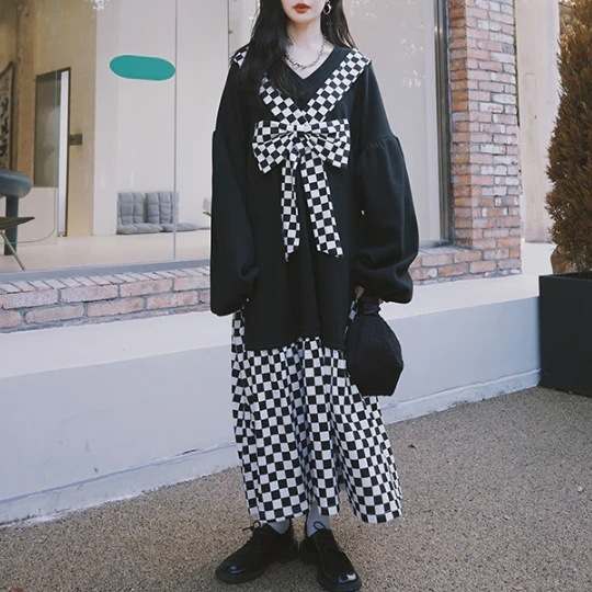 個性 不規則 デザイン 2WAY ブロックチェックリボン ルーズワンピース 個性ワンピース