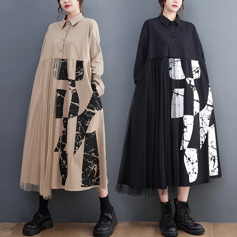 韓国大きいサイズ レディース長袖ブラウスワンピース切り替え文芸復古プリントシャツワンピース QYYF78230%制限