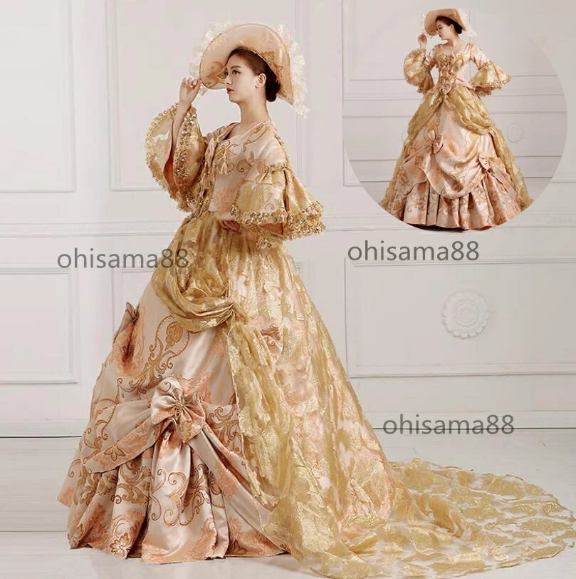 超人気,高級感 宮廷ドレス 華やか フレア袖 プリンセスドレス ロングドレス 中世貴族風 貴族ドレス オペラ声楽 演劇 ステージ衣装 お姫様ワンピース 可愛い 貴婦人ドレス ヨーロッパ風ドレス