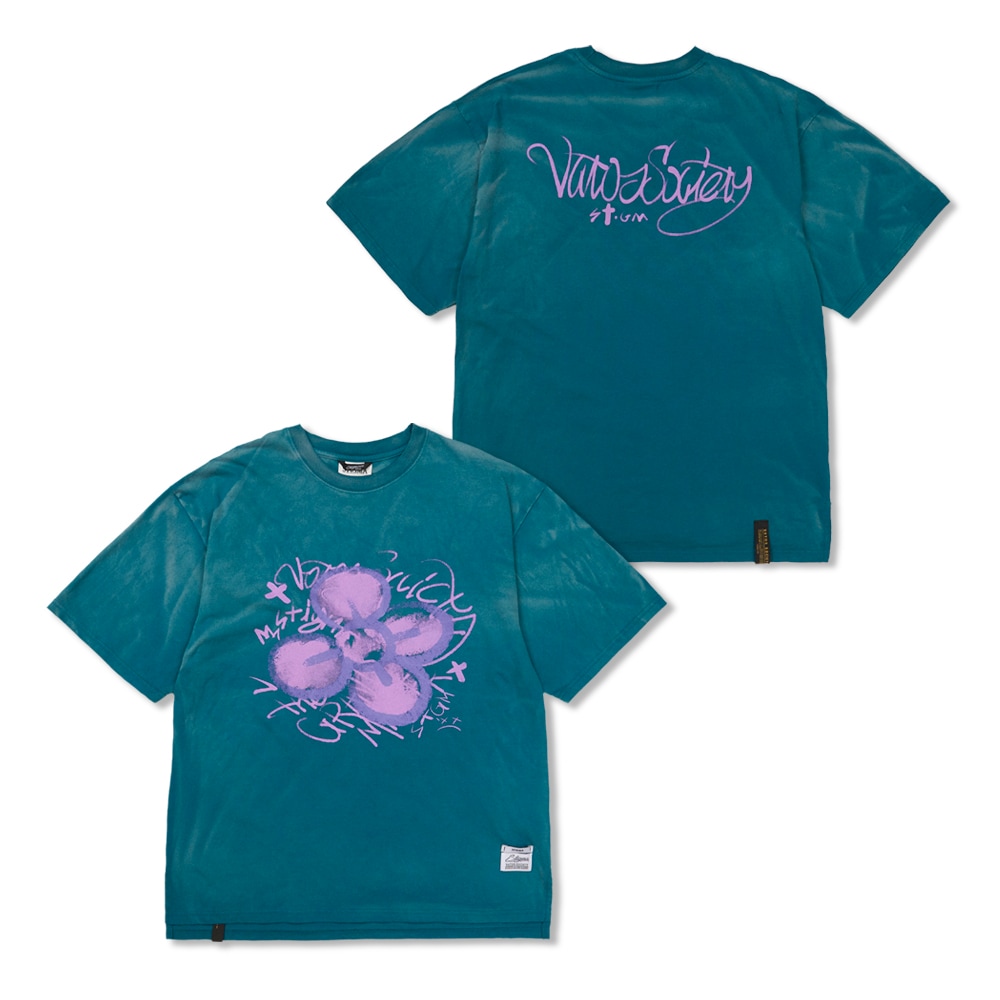 Crayon Flower Vintage-Like Washed Oversized Short Sleeves T-Shirts Blue