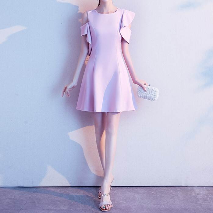 レディース ワンピース ドレス ショート 半袖 Uネック ファスナー かわいい 大人可愛い きれいめ シンプル 上品 おしゃれ ラフ ガーリー クール エレガント フォーマル 都会的 ナチュラル 無地