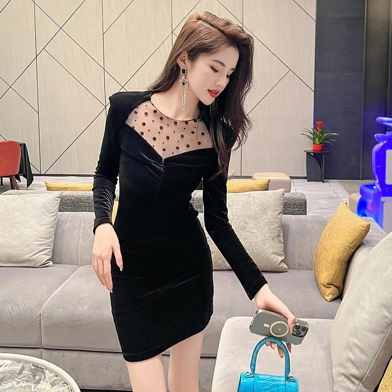 秋冬 水玉チュール 皺 タイト ショートワンピース パーティードレス キャバ 着痩せ 大人 同窓会 披露宴 卒業式 結婚式 演奏会 ウェディング 二次会30%までに制限