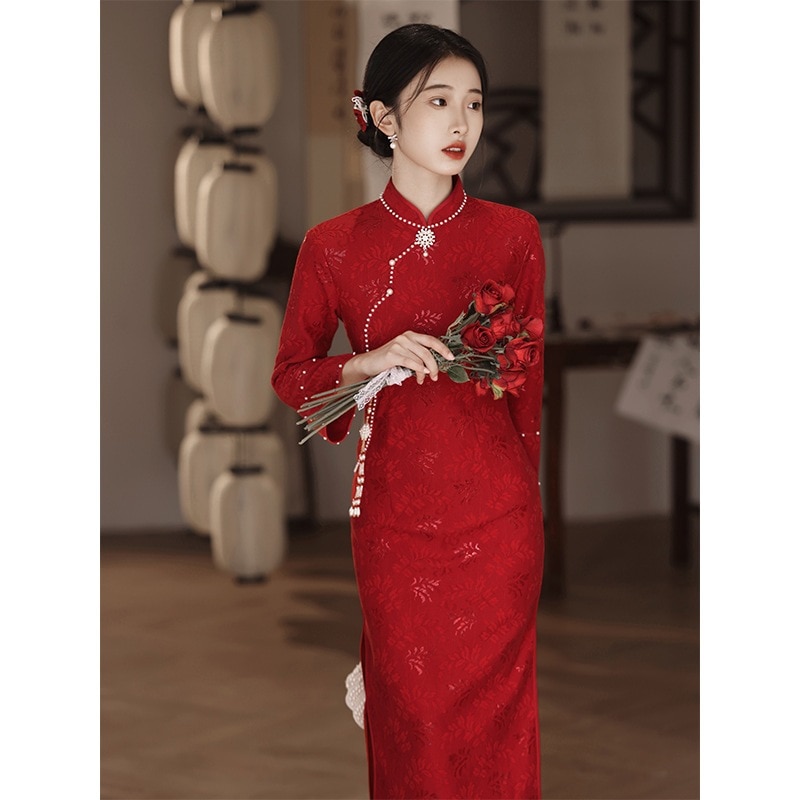 ワンピースドレスドレスレッドチョンサム新しいの若い花嫁の結婚式と婚約ドレスドレス女性の秋と冬の長袖