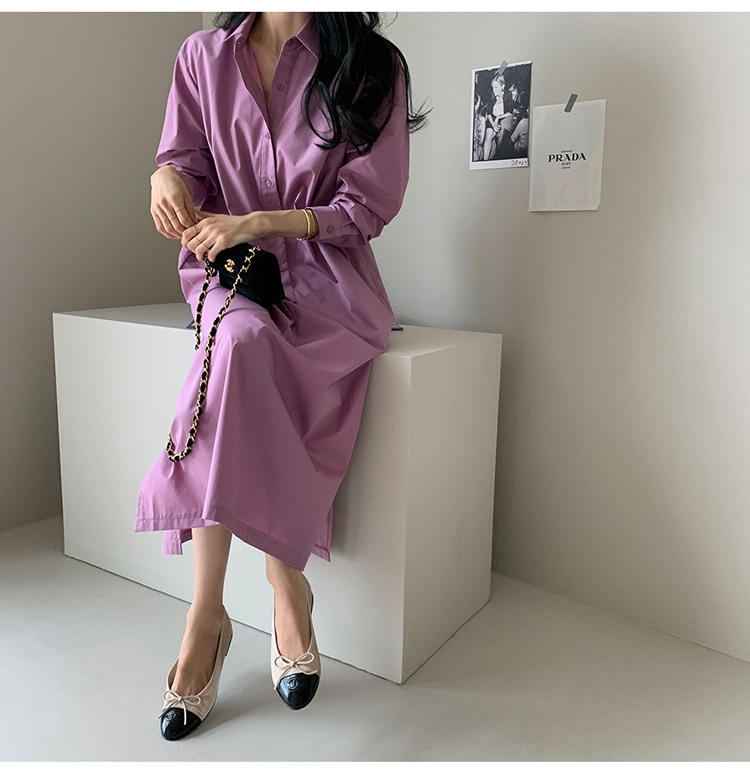 ロングひざ丈ピュアカラー開襟シャツワンピース秋の装い新作ゆったり長袖気品シャツ