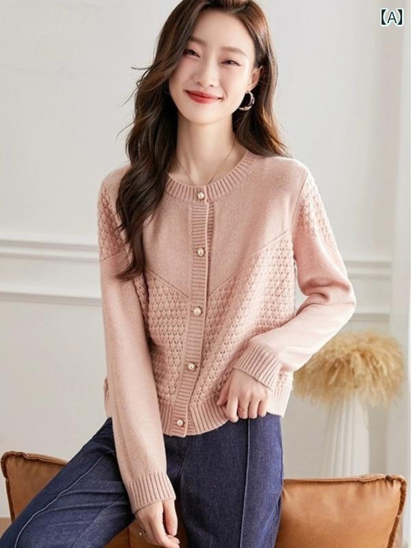 ニット レディース カーディガン おしゃれ カジュアル 大きめサイズ セーター ウール 春秋 ショート ピンク キャメル オレンジ