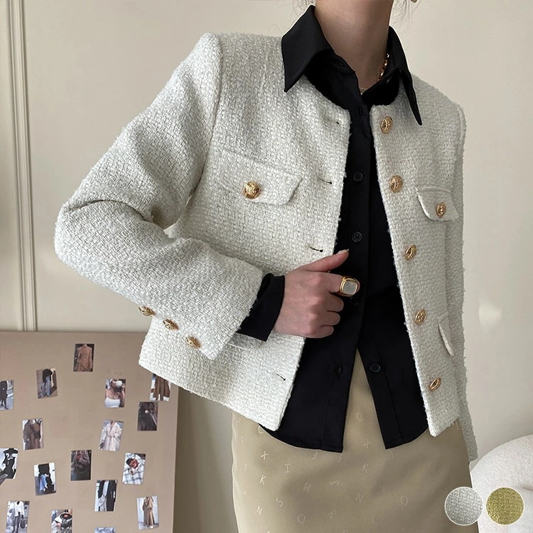 ジャケット レディース ノーカラー 韓国 ツイード エレガント ショート丈 きれいめ 春 秋 金ボタン 春物 イエロー 白 ホワイト おしゃれ