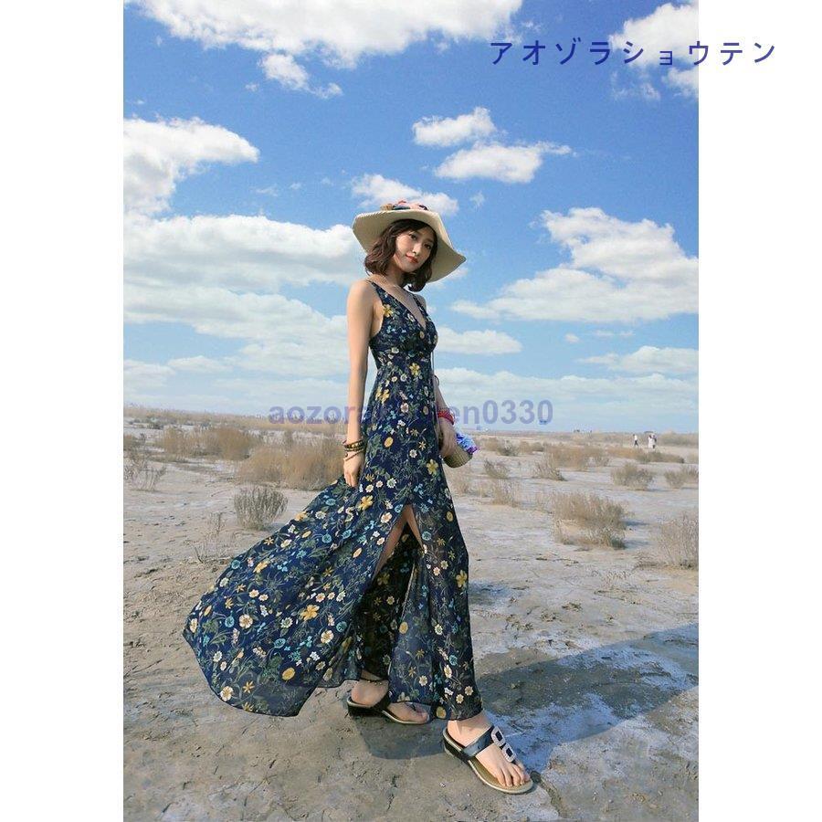 リゾートワンピース レディース ロング丈 ビーチワンピース スリット 吊りワンピース 小柄 シフォンワンピ ノースリーブ ハワイワンピース ボヘミア風 海 旅行