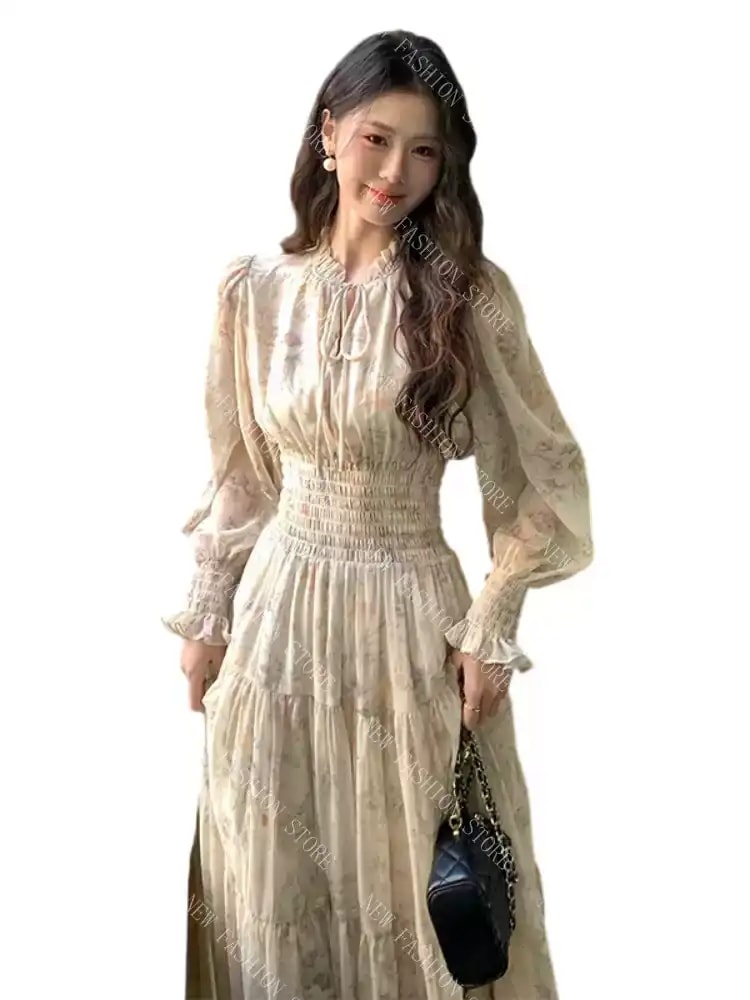 フレンチ長袖花柄シフォンウエストワンピース-33