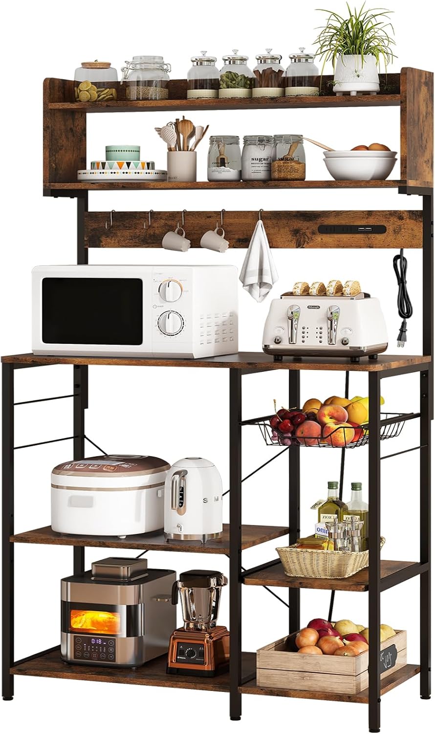 幅90ワイドレンジラック 計4口 コンセント付き USBポート付き 大型レンジ対応 収納バスケット付き 網かご付き ブラウン ヴィンテージ