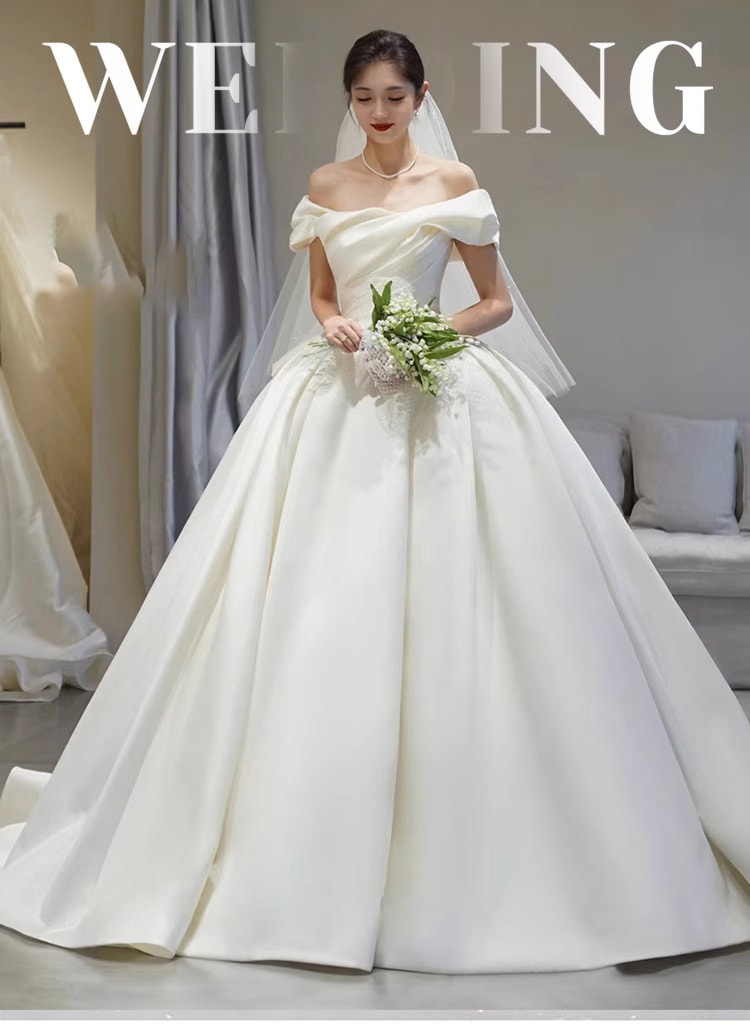 ワンショルダーマスターウエディングドレス2023新作フレンチサテンの軽紗逃走中プリンセスシンプルお出かけ紗旅で高級感を 8,556円