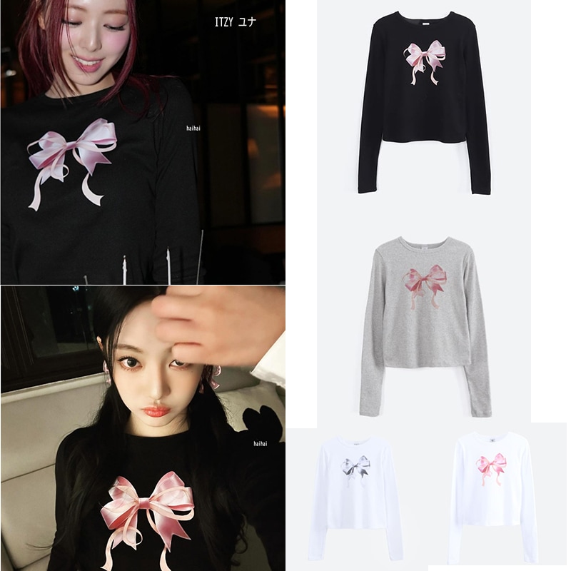 [韓国女子アイドル着用] DOUBLE RIBBON SLIM CROP LONG SLEEVE