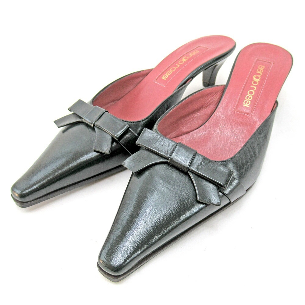 ミュール シューズ 靴 リボンモチーフ ＃35ハーフ ブラック 中古