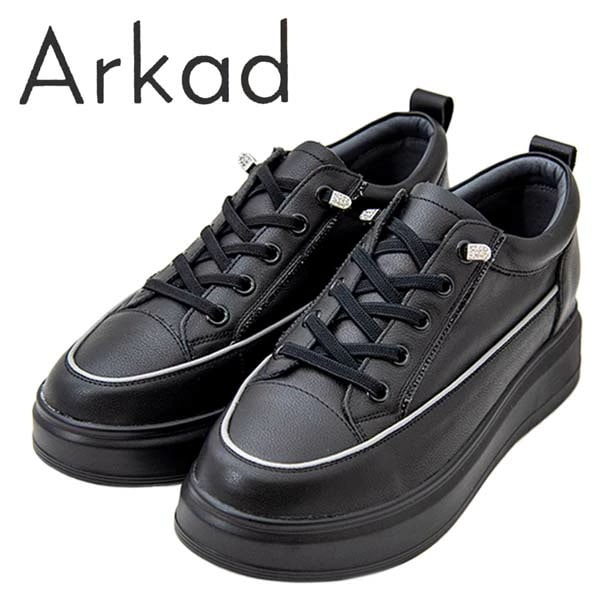 Arkad アルカド 2286 レディース 厚底スニーカー 本革 レザー スニーカー ゴム紐 キラキラ ビジュー 綺麗め 足長効果 ふかふかインソール 足入れ楽 ブラック /RB/MR